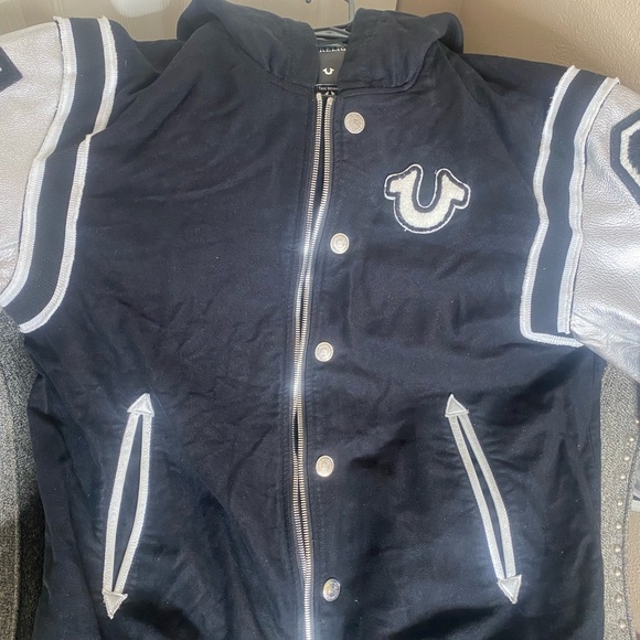 Mens True Religion Jacket Wit Hood Black & Silver Size Large - Picture 2 of 9